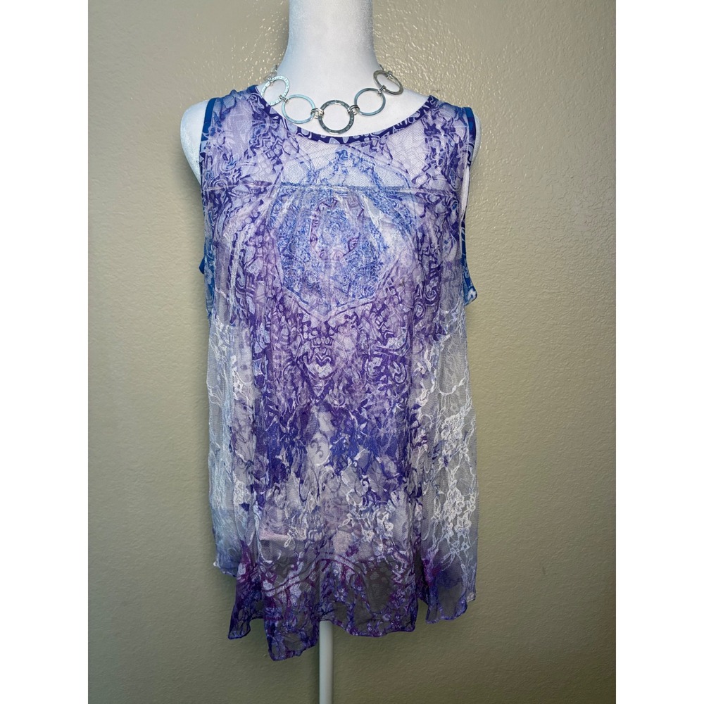 Ember Missy Purple Blue Lace Paisley Sleeveless Tunic Top Large Boho Made in USA